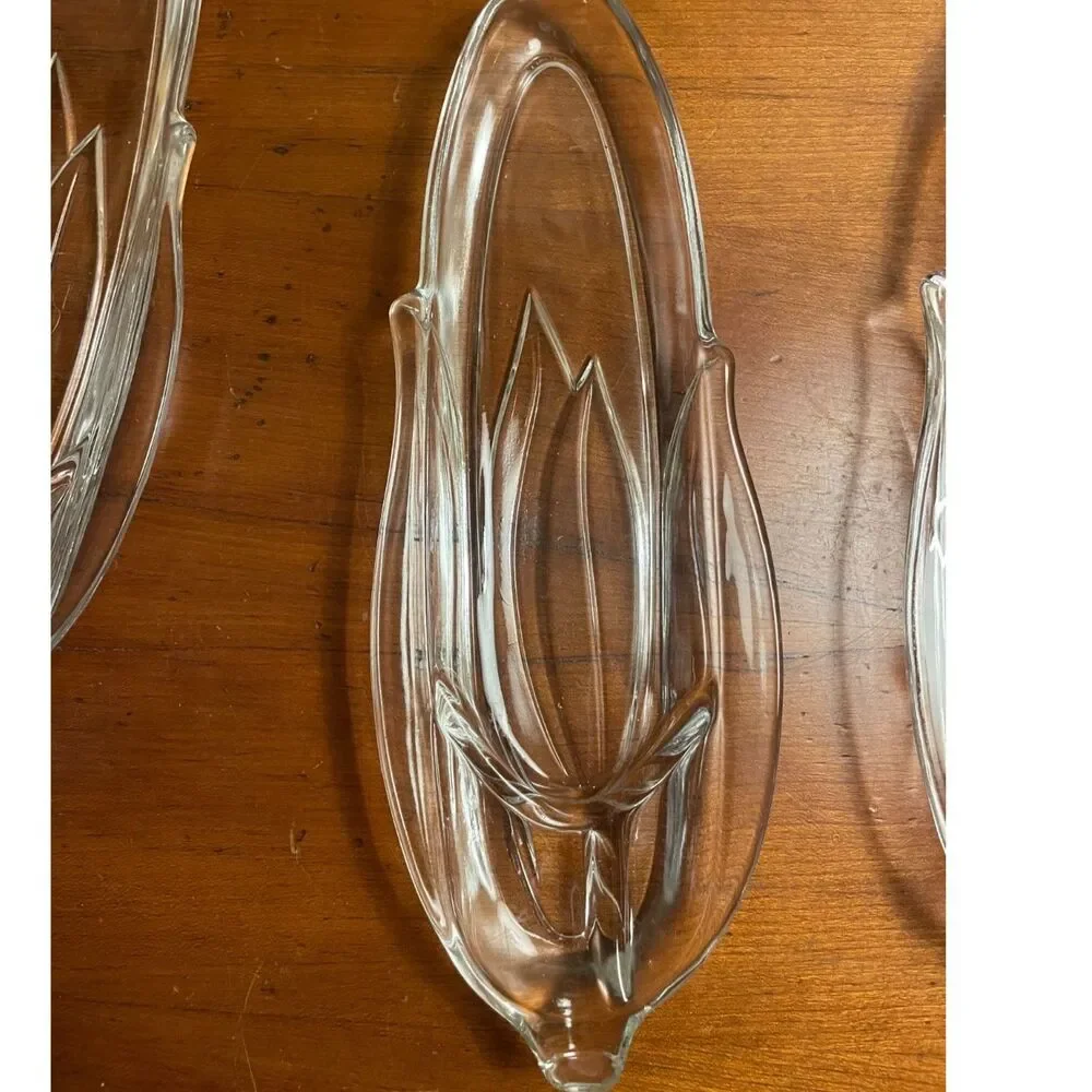 Clear pressed heavy glass corn on the cob dish holders